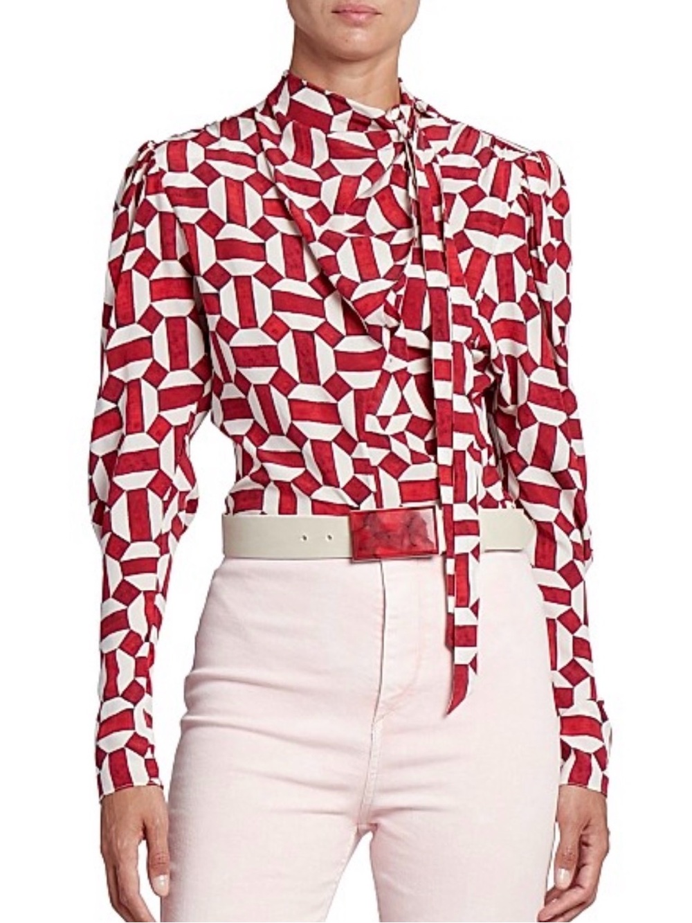 Isabel Marant Red and White Geometric Tie-Neck Blouse Stretch Silk Sz 38/6